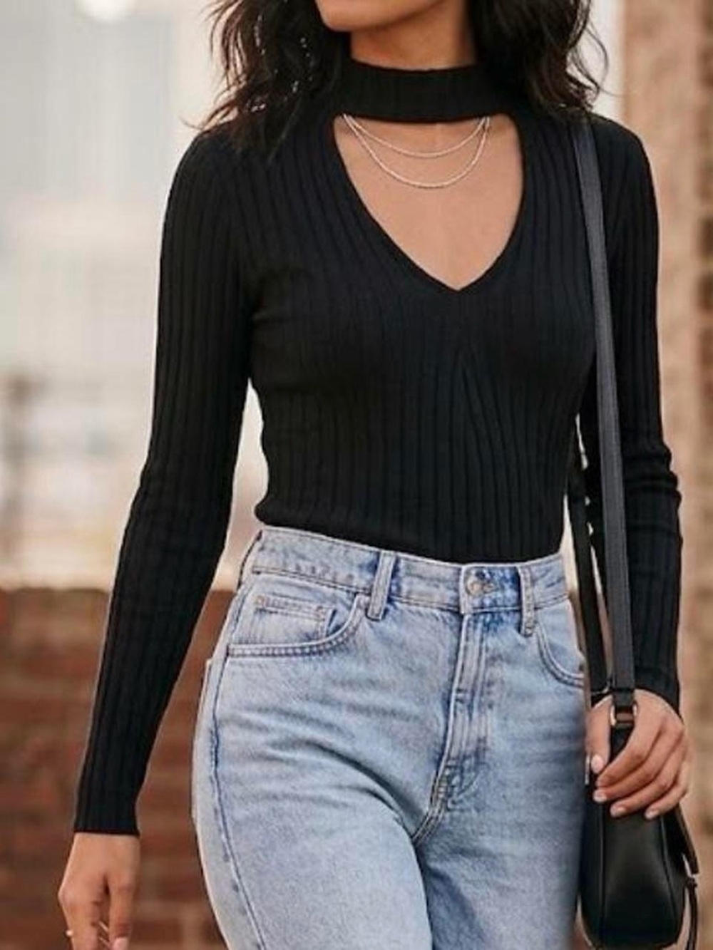 Black Ribbed Cutout V-Neck Long Sleeve Top
